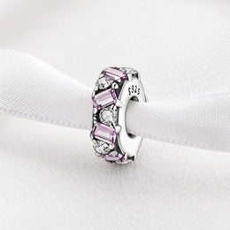 Pink Crystal Spacer Bead Fits Pandora Charm Bracelet, Silver Baguette Gem Jewelry Gift