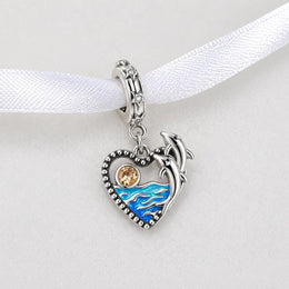 Dolphin Heart Dangle Fits Pandora Charm Bracelet, Blue Ocean Silver Jewelry, Sea Life Gift
