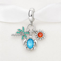 Tropical Turtle Bead Fits Pandora Charm Bracelet, Palm Tree Sun Dangle Summer Vacation Gift