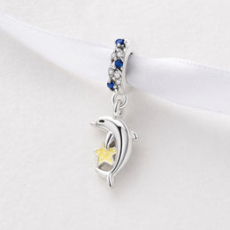 Dolphin Star Bead Fits Pandora Charm Bracelet, Silver Ocean Dangle Animal Jewelry Gift
