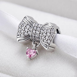 Sparkling Bow Bead Fits Pandora Charm Bracelet, Silver Pink Heart Dangle Jewelry, Romantic Gift