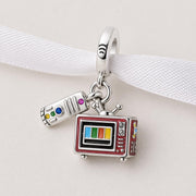 Retro TV Dangle Fits Pandora Charm Bracelet, Silver Movie Night Jewelry, Vintage Television Gift