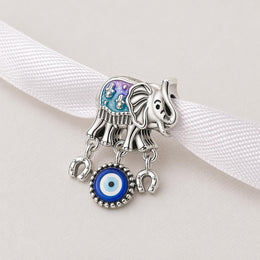 Lucky Elephant Bead Fits Pandora Charm Bracelet, Silver Evil Eye Horseshoe Protection Jewelry Gift