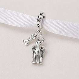 Angel Dog Bone Bead Fits Pandora Charm Bracelet, Silver Pet Memorial Dangle Wings Gift