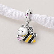 Bumblebee Bead Fits Pandora Charm Bracelet, Silver Honey Bee Pink Flower Jewelry Gift