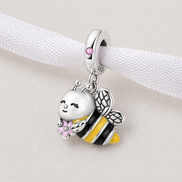 Bumblebee Bead Fits Pandora Charm Bracelet, Silver Honey Bee Pink Flower Jewelry Gift