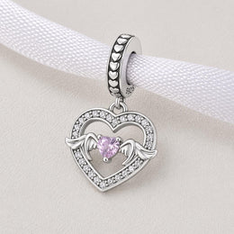 Pink Angel Heart Bead Fits Pandora Charm Bracelet, Silver Winged Memorial Jewelry Gift