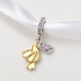 Pigeon Love Letter Dangle Fits Pandora Charm Bracelet, Silver Pink Heart Envelope Jewelry Gift