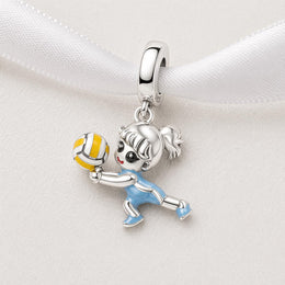 Volleyball Girl Bead Fits Pandora Charm Bracelet, 925 Sterling Silver, Sport Dangle, Athlete Gift