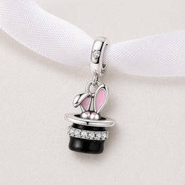 Magician Bunny Bead Fits Pandora Charm Bracelet, 925 Sterling Silver Rabbit Hat, Magic Jewelry
