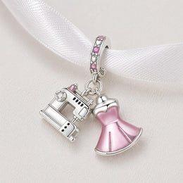 Sewing Bead Fits Pandora Charm Bracelet, 925 Sterling Silver Machine, Pink Dress Dangle Gift