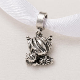 Highland Cow Mother Baby Charm Fits Pandora, 925 Sterling Silver Heilan Coo Dangle
