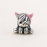 Highland Cow Girl Bead Fits Pandora Charm Bracelet, Pink Bow, Silver Scottish Animal Gift