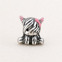 Highland Cow Girl Bead Fits Pandora Charm Bracelet, Pink Bow, Silver Scottish Animal Gift