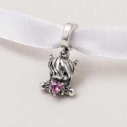 Baby Highland Cow Girl Bead Fits Pandora Charm Bracelet, 925 Sterling Silver Pink Bow