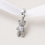 Teddy Bear Bead Fits Pandora Charm Bracelet, 925 Sterling Silver Sparkling Heart Dangle