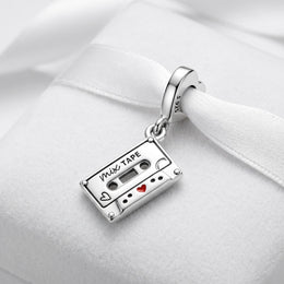 Retro Mix Tape Cassette Bead Fits Pandora Charm Bracelet, 925 Sterling Silver Music Gift
