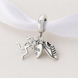 Running Girl Dangle Fits Pandora Charm Bracelet, Silver Sneaker Run Heart Sport Athlete Gift