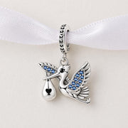 Stork Bead Fits Pandora Charm Bracelet, Silver Blue Crystal Baby Newborn Maternity Motherhood Dangle