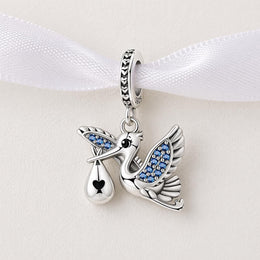 Stork Bead Fits Pandora Charm Bracelet, Silver Blue Crystal Baby Newborn Maternity Motherhood Dangle