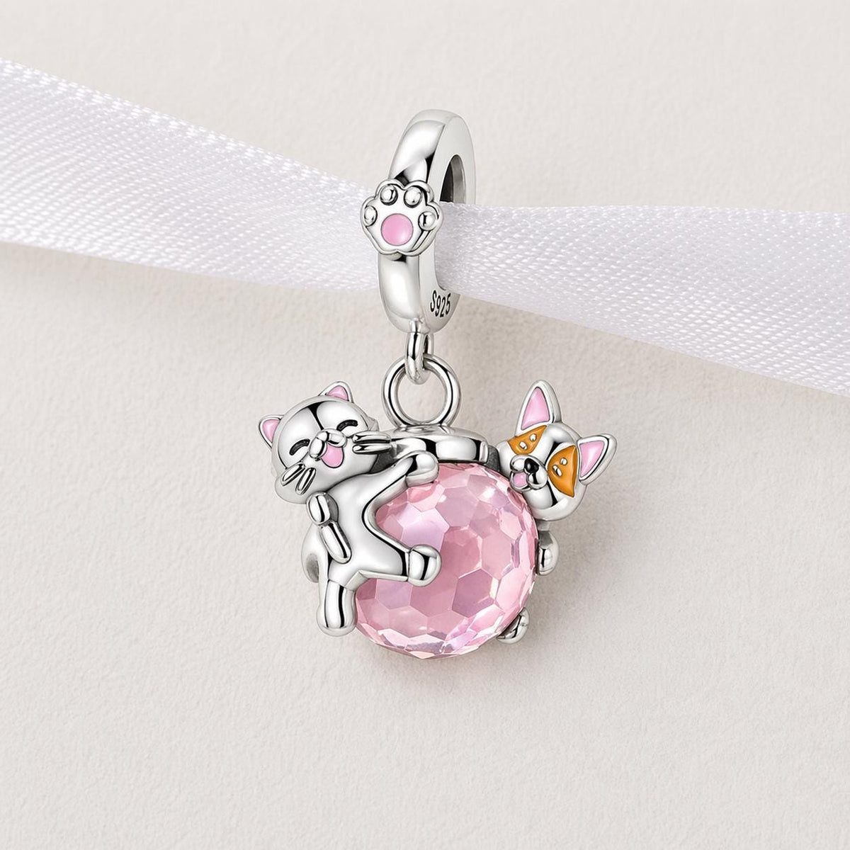 Cat Dog Crystal sterling silver charm alternate view