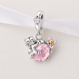 Cat Dog Crystal Bead Fits Pandora Charm Bracelet, Silver Pink Stone Corgi Animal Gift