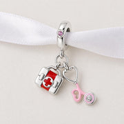 Medical Nurse Dangle Fits Pandora Charm Bracelet, Silver Red First Aid Kit Stethoscope Gift