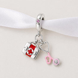 Medical Nurse Dangle Fits Pandora Charm Bracelet, Silver Red First Aid Kit Stethoscope Gift