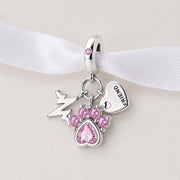 Paw Bead Fits Pandora Charm Bracelet, Silver Pink Crystal, Friend Heartbeat Pet Animal Gift