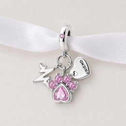 Paw Bead Fits Pandora Charm Bracelet, Silver Pink Crystal, Friend Heartbeat Pet Animal Gift