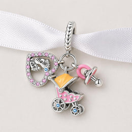 Baby Stroller Dangle Fits Pandora Charm Bracelet, Silver Pink Heart Newborn Motherhood Gift