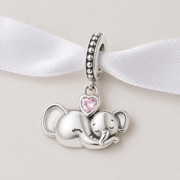 Sleeping Elephant Bead Fits Pandora Charm Bracelet, Silver Pink Heart Mother Child Animal Gift