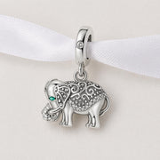 Ornate Elephant Bead Fits Pandora Charm Bracelet, Silver Lucky Animal Emerald Green Gift