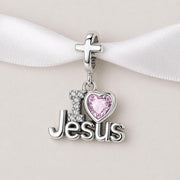 I Love Jesus Bead Fits Pandora Charm Bracelet, Silver Cross Pink Crystal Faith Gift