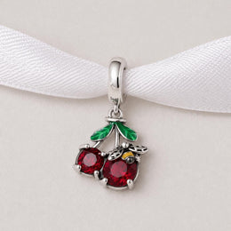 Red Cherry Bee Bead Fits Pandora Charm Bracelet, Silver Fruit Crystal Summer Jewelry Gift