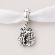 Money Bag Bead Fits Pandora Charm Bracelet, Silver Dollar Sack Wealth Prosperity Success Gift