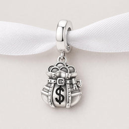 Money Bag Bead Fits Pandora Charm Bracelet, Silver Dollar Sack Wealth Prosperity Success Gift