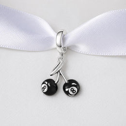 8-ball Cherry Bead Fits Pandora Charm Bracelet, Black Billiards Pool Dangle, Rockabilly Retro Style