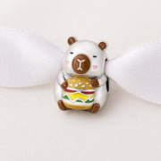 Capybara Burger Bead Fits Pandora Charm Bracelet, Silver Animal Jewelry, Hamburger Foodie Lover Gift