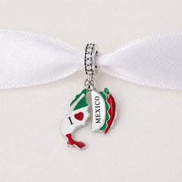 Mexico Bead Fits Pandora Charm Bracelet, Silver Chili Pepper Map Dangle, Travel Souvenir Gift