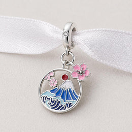 Japan Bead Fits Pandora Charm Bracelet, Mount Fuji Sakura Flower Jewelry, Japanese Travel Gift