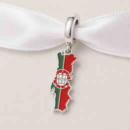 Portugal Bead Fits Pandora Charm Bracelet, Silver Map Flag Dangle, Portuguese Travel Souvenir Gift