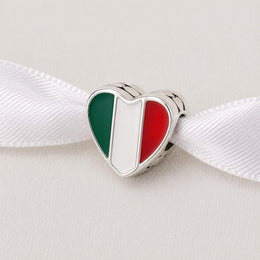 Italy Bead Fits Pandora Charm Bracelet, Silver Flag Heart Tricolore Jewelry, Travel Souvenir Gift