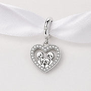 Silver Family Bead Fits Pandora Charm Bracelet, Crystal Heart Parents Children Dangle Jewelry