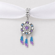 Dreamcatcher Bead Fits Pandora Charm Bracelet, Boho Blue Feather Dangle, Sterling Silver Spiritual Gift