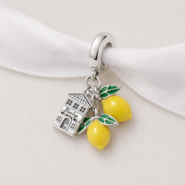 Italy Lemon Bead Fits Pandora Charm Bracelet, Silver Mediterranean Villa Fruit Travel Jewelry Gift