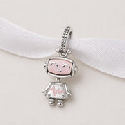 Robot Girl Bead Fits Pandora Charm Bracelet, Silver Pink Enamel Dangle Tech Jewelry Gift