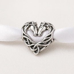 Double Horse Bead Fits Pandora Charm Bracelet, Silver Heart Equestrian Celtic Knot Jewelry Gift
