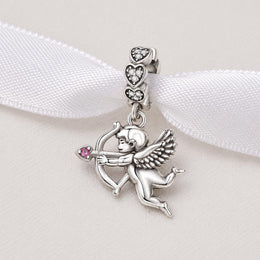 Cupid Bow & Arrow Bead Fits Pandora Charm Bracelet, Silver Pink Heart Love Valentine's Gift