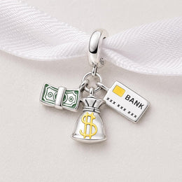 Money Bag Bank Card Bead Fits Pandora Charm Bracelet, Silver Prosperity Wealth Success Gift